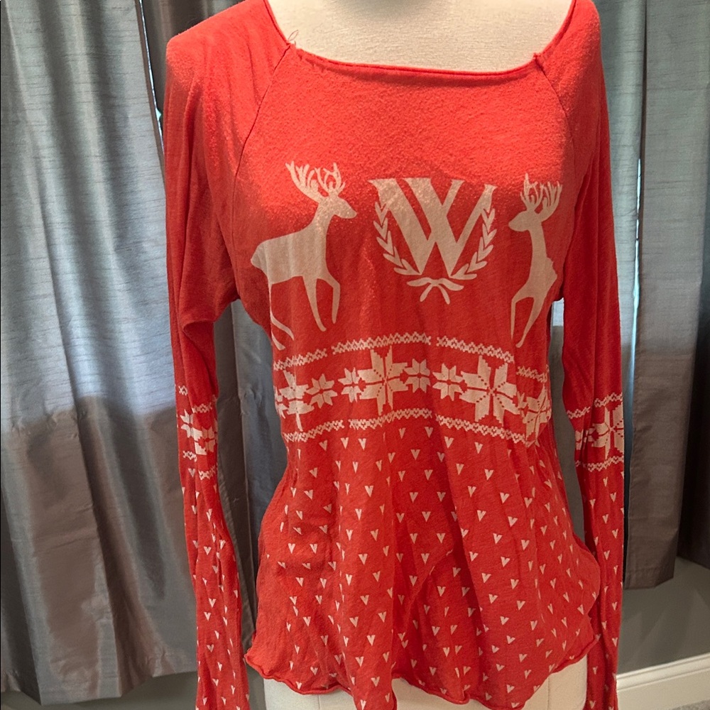 Wildfox Red Long Sleeve Top with Deer Nordic Design